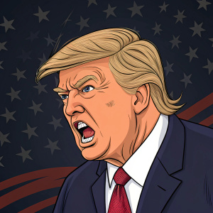 Cartoon caricature of Donald Trump. Expressive face, angry look. Dark background, political symbols.