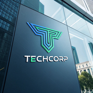 Stylized logo for TechCorp. Modern design featuring an abstract 'T' in blue and green shades. Text 'TechCorp' beneath in sleek font. Innovative and professional look.