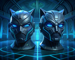 "Two Black Panther helmets with futuristic design, vector illustration, black and blue, clean lines, detailed tech background, Placed on a table in Wakanda's lab.
