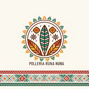 Logo for Pollería Runa Nuna. Vibrant, minimalist design featuring indigenous motifs in earthy hues. Text 'Runa Nuna' in bold font beneath. Clean white backdrop with a decorative border at the bottom.
