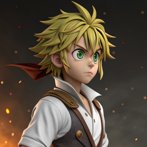 A digital 3D render of Meliodas, anime-style character from 'The Seven Deadly Sins'. Meliodas, with tousled spiky hair and intense green eyes, stands in a dynamic pose. He wears a white shirt vest and a brown vest-like accessory, embodying a youthful and determined look. The background is dark and fiery, with an abstract design.