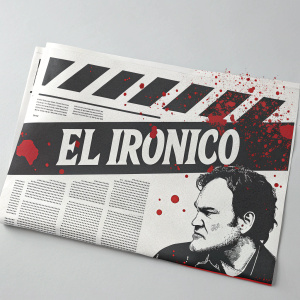 Promotional banner for El Irónico, a newspaper inspired by Quentin Tarantino's unique style. The design is a mix of bold, stark black and white with splashes of red. Spanish text and English subtitles reveal intriguing secrets. Modern, graphic design with a mysterious aura.