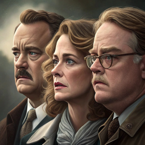 Tom Hanks, Julia Roberts, and Philip Seymour Hoffman in intense close-ups on the promotional poster for 'Charlie Wilson's War'.