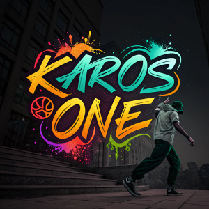 Digital artwork featuring 'KAROS ONE' in a dynamic, graffiti-inspired font. Bright colors on a dark background, modern style