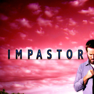 Promotional poster for the TV show Impastor. Man with a beard adjusting his shirt, set against a vibrant red backdrop. The show's name and broadcast time prominently displayed.