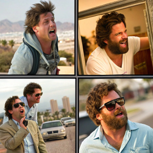 Multiple images of The Hangover cast in a collage. Various scenes and poses in a grid layout.