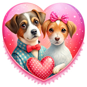 valentine,pink,liberty hold heart,white background,couple dog,no cloth