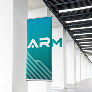 Promotional banner for ARM Holdings Plc. featuring sleek logo with 'ARM' in vibrant teal against a stark white backdrop.