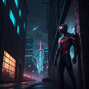 Miles Morales, digital artwork, standing in a dark alley. Night cityscape behind. Futuristic vibe
