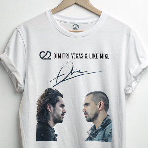 Photograph of a custom t-shirt. Celebrating 12 years of Dimitri Vegas & Like Mike. Features their signature and a heartfelt message.