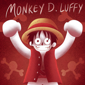 Digital illustration of Monkey D. Luffy, dynamic pose, wide-eyed, straw hat, brown background with skull designs, graffiti text, anime style