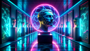 Digital art created by an AI algorithm, displayed in a virtual gallery with neon frames and interactive light installations representing the fusion of art and technology.