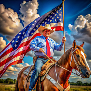 Donald Trump as a cowboy riding a horse with a western saddle holding the two reins and an american flag with one hand while riding rodeo style, make flag realistic with the correct traditional stars