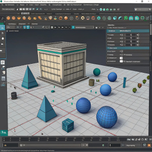 Screenshot of Autodesk Maya 2018 Student Version Update. Interface displays a 3D modeling environment with grid background. Top and sidebars feature numerous tools and menus. Main objects are abstract blue shapes. Icons and menus populate the workspace. Design emphasizes software sophistication for creating and editing 3D models.