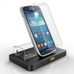 An otterbox protective screen cover for Samsung Galaxy S4 mini, showcased on a sleek product display.