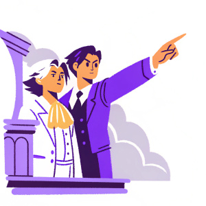 Digital art cover for Ace Attorney Trilogy. Phoenix Wright, pointing confidently. Background a blend of colors, characters stylistically portrayed