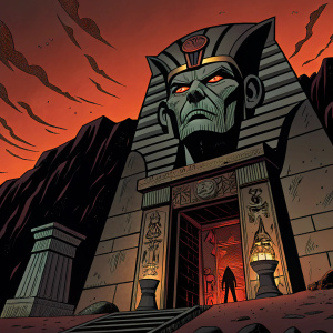 Mumm-Ra's lair, depicted in vibrant comic book style. Dark and ominous, adorned with intricate stone carvings. A large, menacing face-like structure dominates the center. Bold lines and dramatic shadows create a powerful, expressive atmosphere.