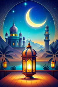 moon  ramadan lantern on table arabic ramadan nights with mosque behind