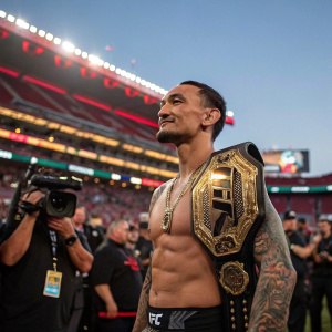 Max Holloway, with tattoos and UFC belt, poses outside a crowded stadium.