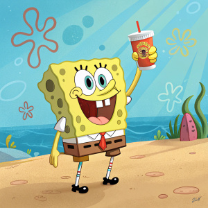 SpongeBob SquarePants, holding a cup of Krusty Krab Gulp, making a thumbs-up gesture in a bright, animated beach setting.