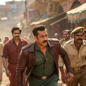 In a vibrant color movie scene, Salman Khan with his signature mustache, leading an intense action scene alongside his distressed and confident co-stars, set against a bustling market backdrop.