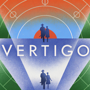 Vintage movie poster for 'Vertigo'. James Stewart and Kim Novak starring. Mysterious orange and blue abstract design, figures in silhouette, prominent movie title