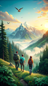  Gambar
Petualangan di Alam Ilustrasi sekelompok teman yang sedang mendaki gunung atau berjalan di hutan. Pemandangan pegunungan dan hutan hijau yang lebat menambah kesan petualangan musim panas ada burung berterbangan