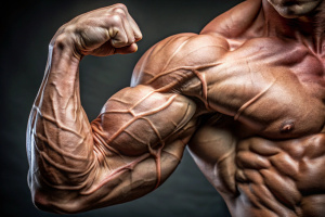 Close-up bicep flexing, veins popping, showing toned strength