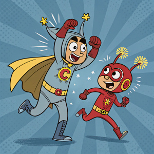 Comic illustration of characters from El Chapulín Colorado. Vibrant blue and gray colors. Characters are in action poses, with exaggerated features and big expressive eyes.