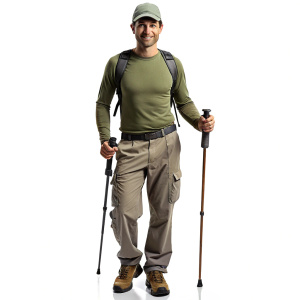 hiker in quick dry long sleeve t-shirt and quick dry pant with a cap and 2 hiking poles
