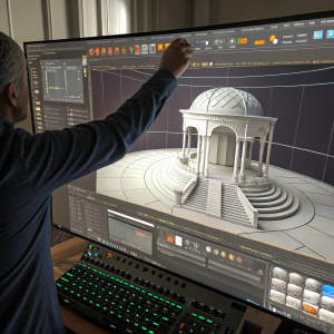 A detailed screenshot of the Cinema 4D software displaying an unfinished 3D model. The model is in a skeletal stage, with the user's hand extending from the side of the screen to adjust it. The interface is packed with various tools and settings for refining the digital artwork. The scene captures the process of 3D modeling in a graphical environment.