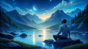 young man listening to music on the bank of a river, a majestic landscape