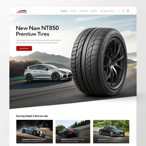 Homepage of a tire company showcasing the new Nitto NT850 Premium tires. High-tech images of tires and vehicles on sleek, modern layout