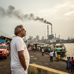 Vijay Mallya, in a casual white t-shirt, standing alone on a crowded dock. Industrial city backdrop with smokestacks.