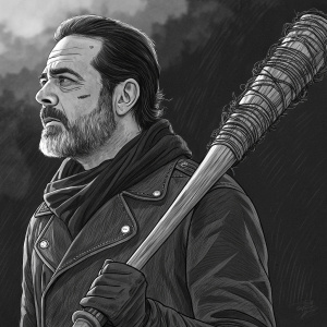 Jeffrey Dean Morgan as Negan. Sketch style, beard, dark hair, barbed wire baseball bat. Dark, detailed background.