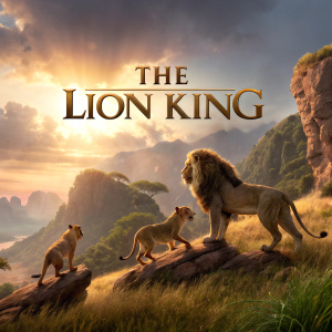 Promotional art for 'The Lion King' featuring a pride of lions in dynamic poses. Cinematic quality backdrop with stylized graphics
