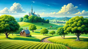 highly detailed  image of a sunny countryside farm scene with green fields and trees, a clear blue sky, Disney style, kid story, cartoon style,32k