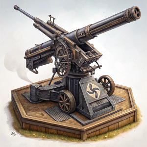 A detailed industrial art piece, a Flakvierling 38 German anti-aircraft gun, featured on Maroehansenartstation.com. The gun is intricately crafted with a dark metallic finish, mounted on a geometric base.