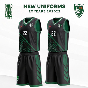 Illustration showcasing the new uniforms for Pinar Karşıyaka basketball team for the 2021-2022 season. The jerseys are black and green with sleek designs, set against a plain white background.