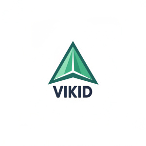 Logo for startup Vikid. Design features sleek green triangle pointing upwards. Text 'Vikid' in bold dark font underneath