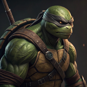 Close-up photo of a Teenage Mutant Ninja Turtle, green, muscular physique, detailed battle-ready stance.