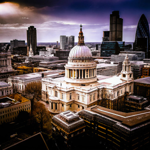 Aerial view of London's financial district. St. Paul's Cathedral at the heart, flanked by towering skyscrapers and quaint historic buildings, colors ranging from warm to cool tones