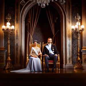Formal portrait of King Felipe VI and Queen Letizia of Spain. Sitting on royal throne, in ornate hall. King in navy suit, Queen in elegant royal gown.