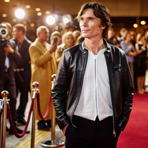 Cillian Murphy at a film festival premiere. Wearing a black leather jacket over a white shirt. Stands confidently on a bustling red carpet.