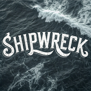 Digital graphic featuring 'SHIPWRECK' in bold sans-serif font on a dark, wavy background resembling water. The white text contrasts sharply with the background, creating a striking visual impact. Modern graphic design with a focus on typography and water-like texture.