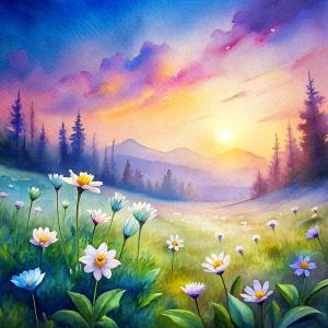 Spring Meadow with small white Flowers with the Sunrise in the background. Realistic
