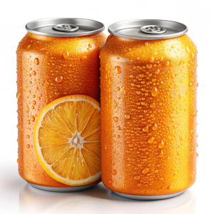 Create a highly realistic photograph of a couple of cans of Fanta Orange, photographed straight on against a transparent background. The cans should be detailed, showing their labels and textures clearly, with no background to emphasize their appearance.