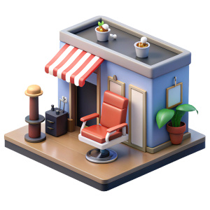 un centro DE BARBERSHOP 3d, isométrico, con una DONDE HAY SILLAS PARA CORTE DE CABELLO, con elementos de tijeras, sprite cara cabello, esta en un fondo blanco