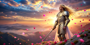 Moonlight shining on a warrior with long flowing blonde hair, wearing elegant silver armor with winged pauldrons, wielding a rapier while standing on top of the hill of bodies overlooking his kingdom at sunset, dark and smokey, vignette.