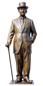 A statue of Hercule Poirot with a walking cane